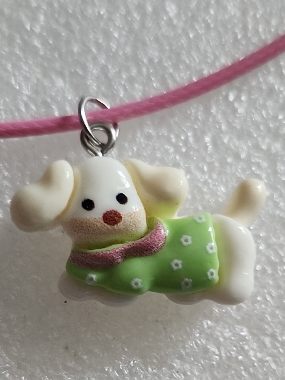 Hand Crafted Pink Cord Puppy Pendant Necklace with Green Dress